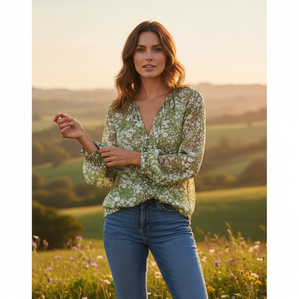 Lauren Conrad Women's Green &White Long Sleeved Lined Blouse Medium Comfy Fairy